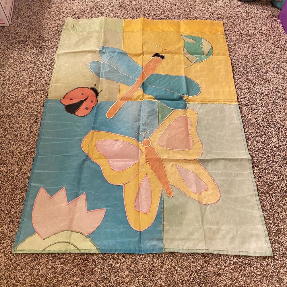 Spring Butterfly Dragonfly Ladybug Garden Flag Applique Double Sided 28”W x 39”L